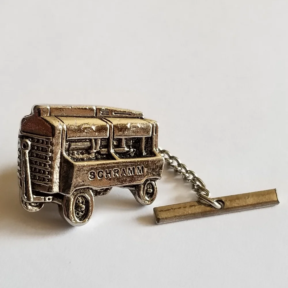 Vintage Schramm tie pin brooch tack silver tone farm equipment lapel